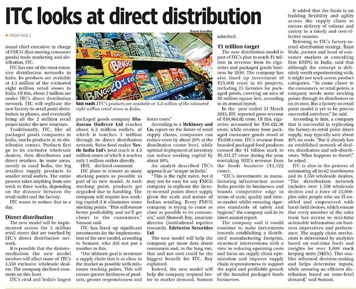 ITC looks at direct supply of products to retail outlets